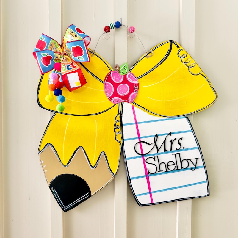 Personalizable Bow Themed Teacher Door Hanger Rainbow Pencil Bow