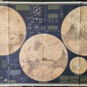 May include: A vintage map of Mars, titled "The Red Planet Mars", with detailed illustrations of the planet's surface and features. The map is divided into three sections, each showing a different view of Mars. The map is printed on a cream-colored paper with black text and illustrations.