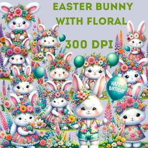 12 Easter Bunny PNG Bundle | Cute Floral Rabbit Clipart | 300 DPI Transparent Background | Sublimation & Printable