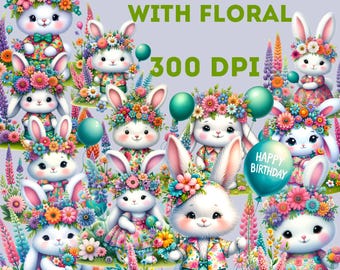 Floral Easter Bunny Clipart | Spring PNG Bundle (Digital Download)