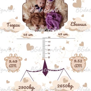 Plantilla de póster con estadísticas de nacimiento de gemelos: anuncio de bebé editable para gemelos, imprimible para recién nacidos, plantilla de Canva para registro de nacimiento de niño y niña