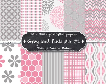 Pink and Grey Digital Paper  - 10 Pack 12 x 12 inches