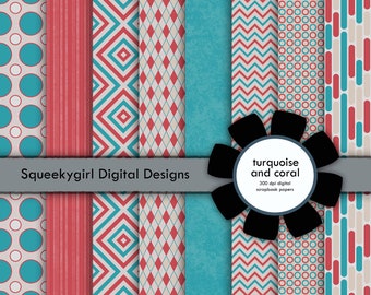 Turquoise and Coral Digital Paper - 8 Pack - 12 x 12 in