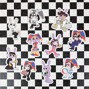 Puede incluir: Una colección de pegatinas de conejos de dibujos animados con varios atuendos y poses, sobre un fondo a cuadros en blanco y negro. Las pegatinas presentan conejos vestidos como un hombre de negocios, un bufón y otros personajes.