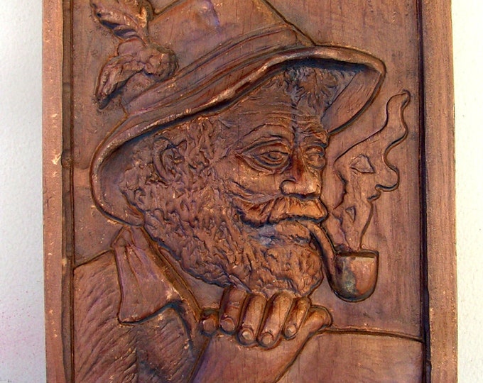 Vintage German Art Wood Carving Relief Wall Plaque Hanging / Tyrolean Man Smoking Pipe Portrait
