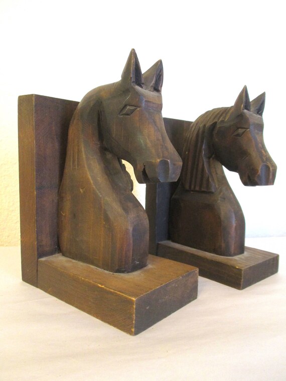 Vintage Horse Head Bookends Bust Wood Carving Western Decor Hand Carved Wooden Rustic Primitive