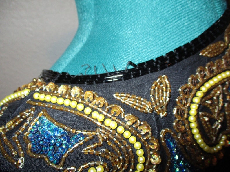 Vintage Beaded Jacket Sequined Blouse Cocktail Trophy Jacket Size Medium JEAN 4 Joseph Le Bon Long Sleeve Black and Gold Blazer