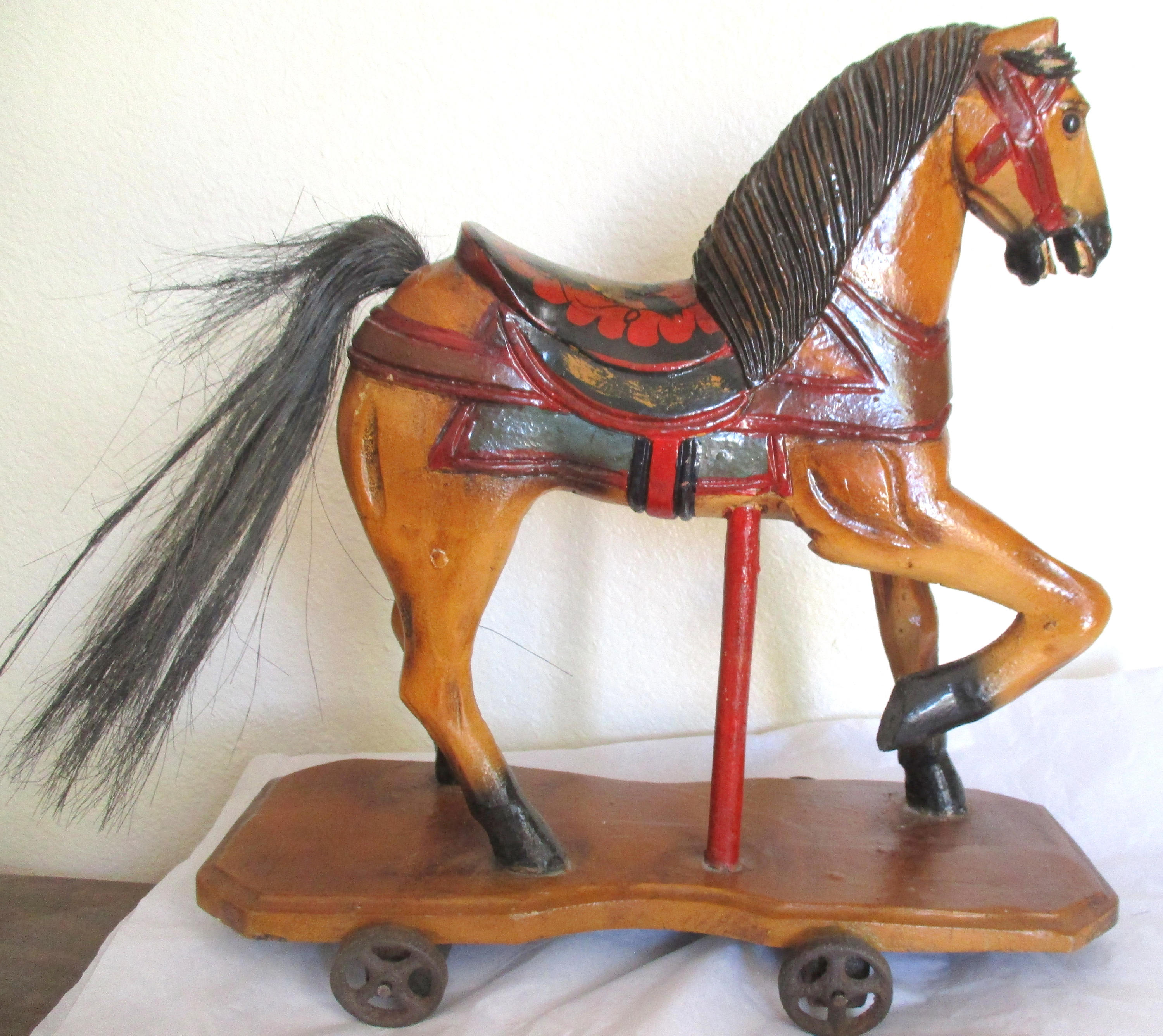 Vintage Hand Carved Wooden Platform Horse on Wheels Wood Etsy