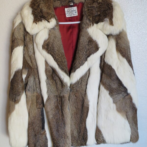 Vintage Rabbit Fur Jacket White Brown Fur Coat Striped Made in Korea Origin France Two Toned