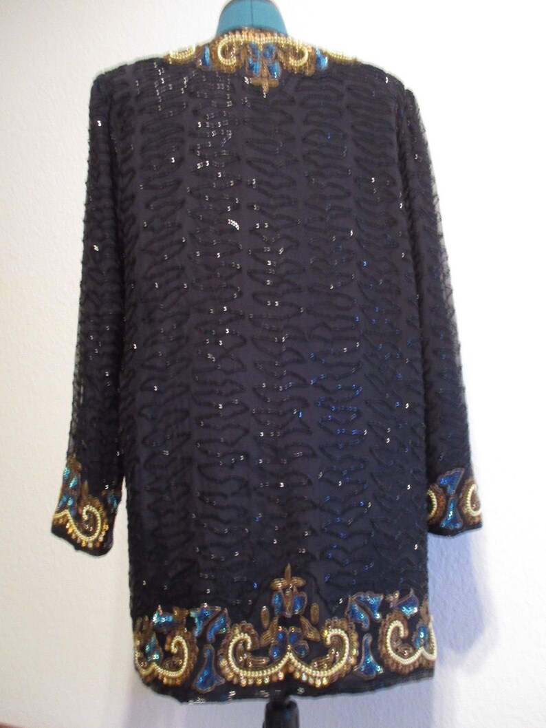Vintage Beaded Jacket Sequined Blouse Cocktail Trophy Jacket Size Medium JEAN 4 Joseph Le Bon Long Sleeve Black and Gold Blazer