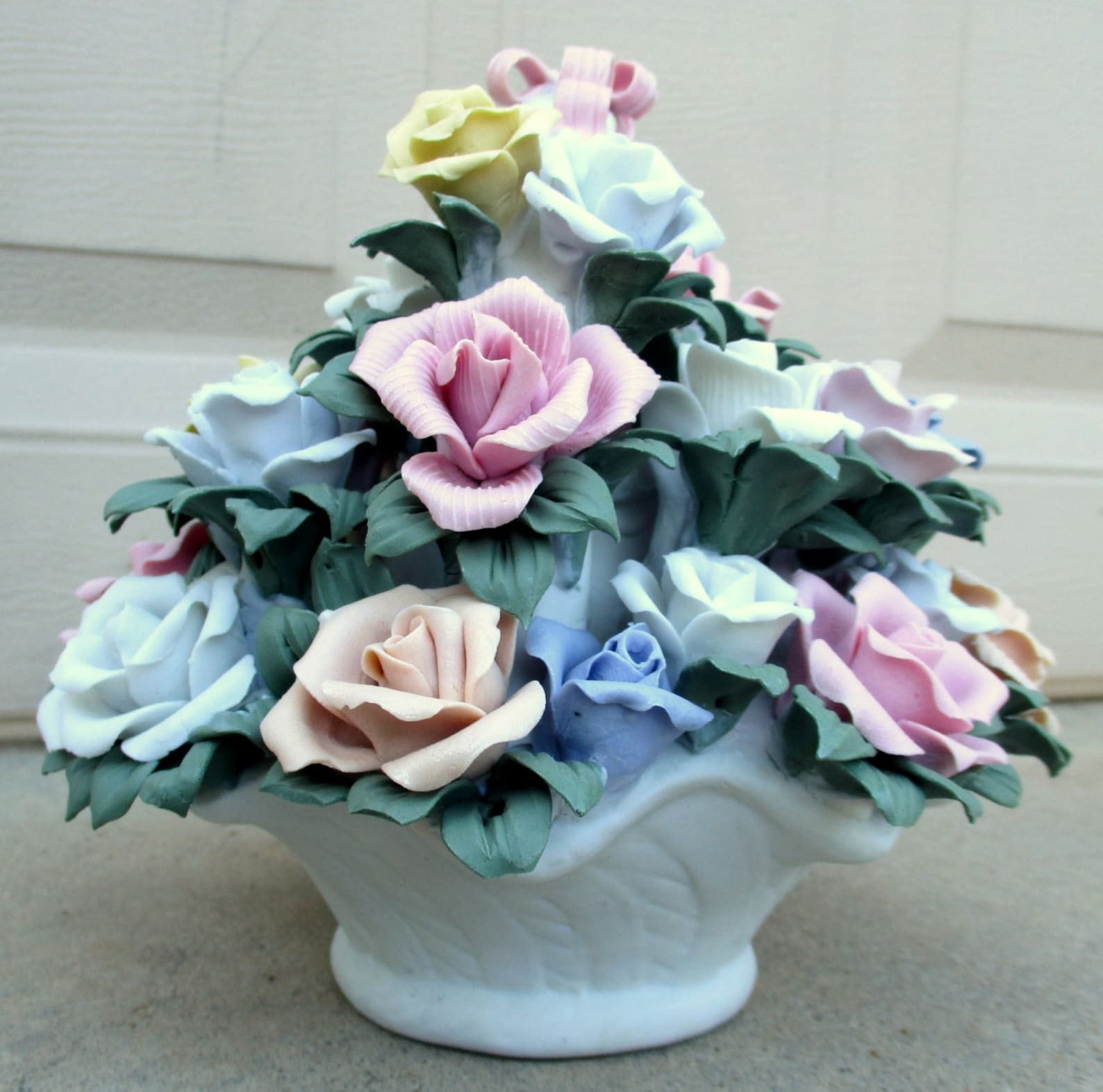 Vintage Ceramic Roses Basket Bouquet Sculpture Porcelain Etsy