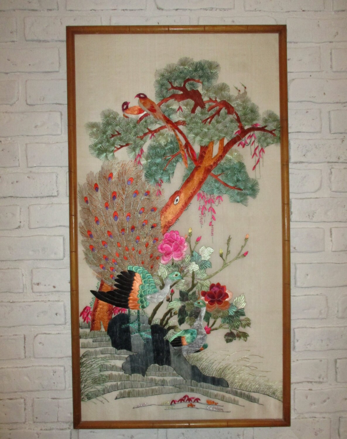 Vintage Chinese Asian Silk Embroidery Panel Wall Art Hanging Etsy