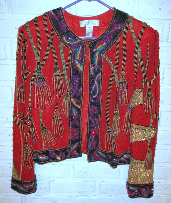 Vintage Heavily Beaded Jacket Red Gold Trophy Jack