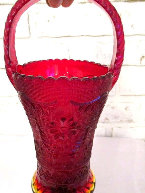 Vintage Red Glass Vase with Handle Tiara Indiana Ruby Red Etsy