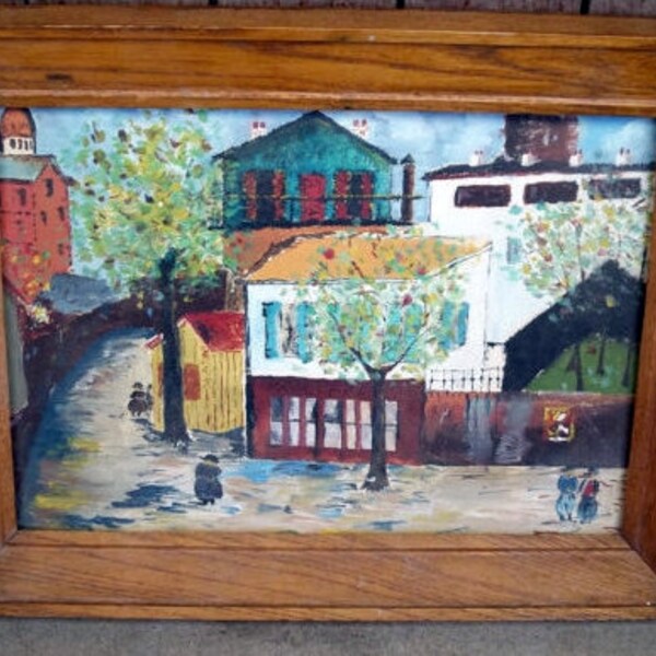 Primitive Art populaire, peinture Original encadré coloré impressionnisme peinture arbres colorés maisons Village