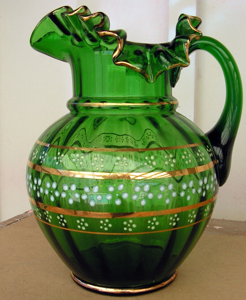 Green Glass Water Pitcher Ruffle Enameled Flowers Victorian | Etsy