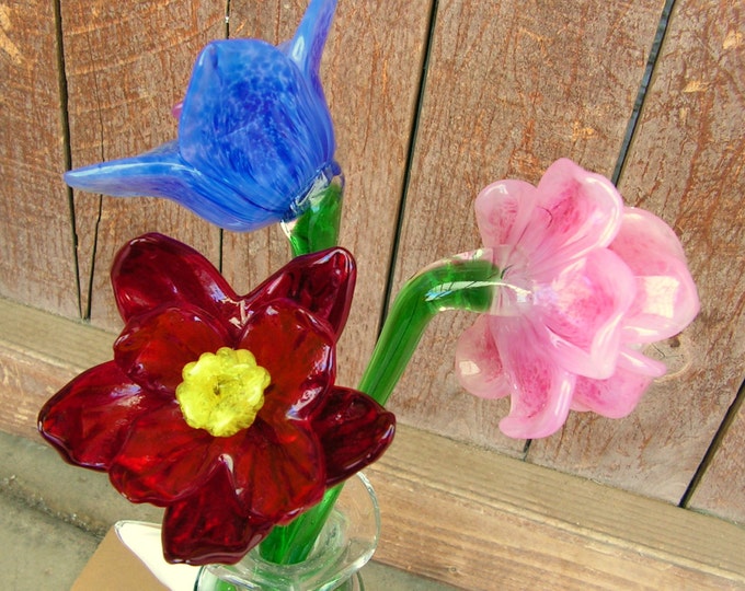 Blown Glass Flowers Sculpture Art Glass Vase Long Stemmed Glass Rose