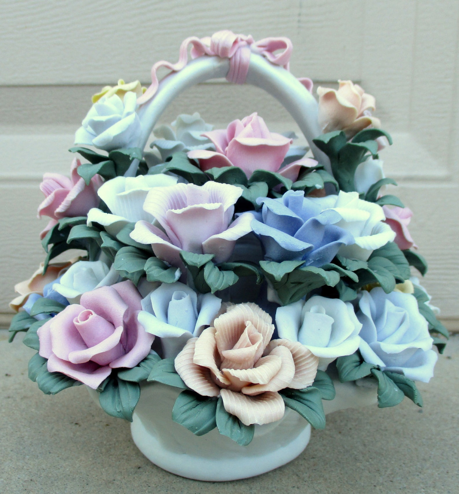 Vintage Ceramic Roses Basket Bouquet Sculpture Porcelain Etsy