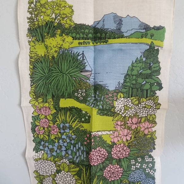 Vintage Tea Towel Dish Cloth Inverewe Gardens Signed Pat Albeck Scotland Print