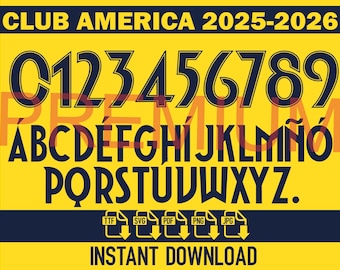 May include: A digital graphic featuring the text "CLUB AMERICA 2025-2026" in navy blue on a yellow background. The image includes a full alphabet and numbers 0-9 in a bold, sans-serif font. File type icons are also present.