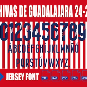 Könnte beinhalten: Ein rot-weiß gestreifter Hintergrund mit dem Text "CHIVAS DE GUADALAJARA 24-25" in Weiß. Unter dem Text befinden sich die Zahlen 0123456789 in Blau mit weißen Streifen. Unter den Zahlen befinden sich die Buchstaben des Alphabets in Blau mit weißen Streifen. Der Text "JERSEY FONT" ist in Blau mit weißen Streifen. Unter dem Text befinden sich fünf Dateisymbole mit den Bezeichnungen "TTF", "SVG", "PDF", "PNG" und "JPG".