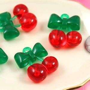 Cherry Charms - 6 pieces - 31mm Red Cherries with Bow Stem Fake Fruit Charm Cherry Plastic Pendants