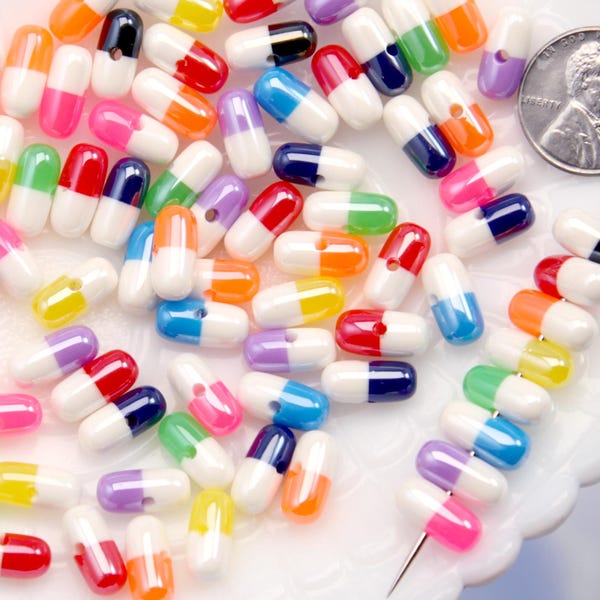 Through Hole Pill Beads - 12mm Colorful Capsule Beads Fake Pills Plastic or Resin Beads - Faux Medication - Medicine Beads (20 pieces)