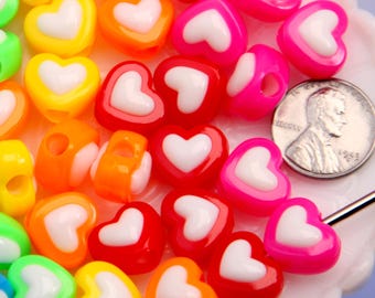 Opaque Super Bright Beads - 75 pieces - 14mm Heart Bead Two Tone Solid Center Acrylic Double Heart Beads