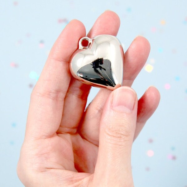 Big puffy heart pendant - Electroplated plastic 3D puffed heart Charm - great for a choker necklace - 4 pc set