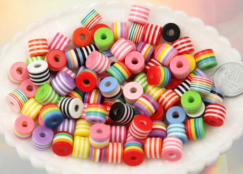 small size beads cylinder shape mixed color 10mm Striped Roller Resin Beads 80 pc set