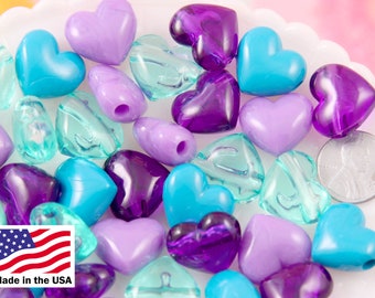 Plastic Heart Beads - 17mm Aqua Blue and Purple Mix Classic Puffy Heart Acrylic or Resin Beads - 24 pcs set