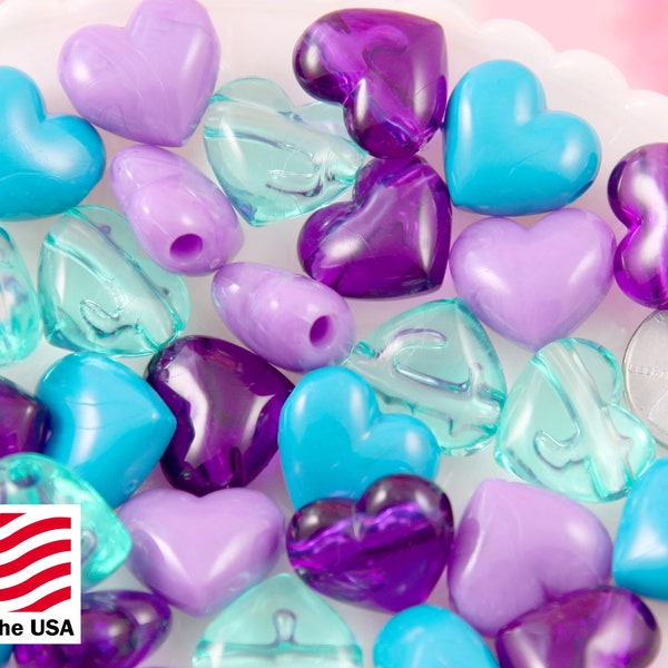 Plastic Heart Beads - 17mm Aqua Blue and Purple Mix Classic Puffy Heart Acrylic or Resin Beads - 24 pcs set