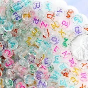Glitter Letter Beads - 7mm Little Transparent Glitter Colorful Round Alphabet Acrylic or Resin Beads - 400 pc set