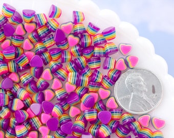 5mm Tiny Bright Striped Purple Neon Rainbow Hearts Resin Flatback Cabochons - 15 pcs set