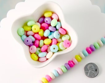 Candy Necklace Beads - 10mm Chunky Candy Color Rondelle Pastel Disc Shaped Faux Candies Acrylic or Plastic Beads - 100 pc set