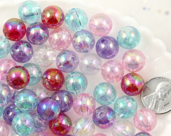 Pastel Beads - 12mm Iridescent Pastel AB Mix Translucent Acrylic or Resin Beads - 65 pc set