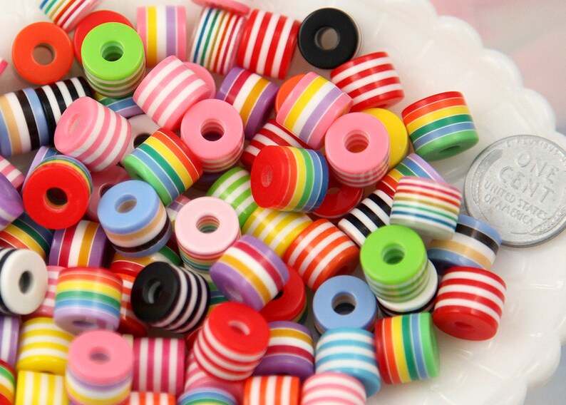 small size beads cylinder shape mixed color 10mm Striped Roller Resin Beads 80 pc set