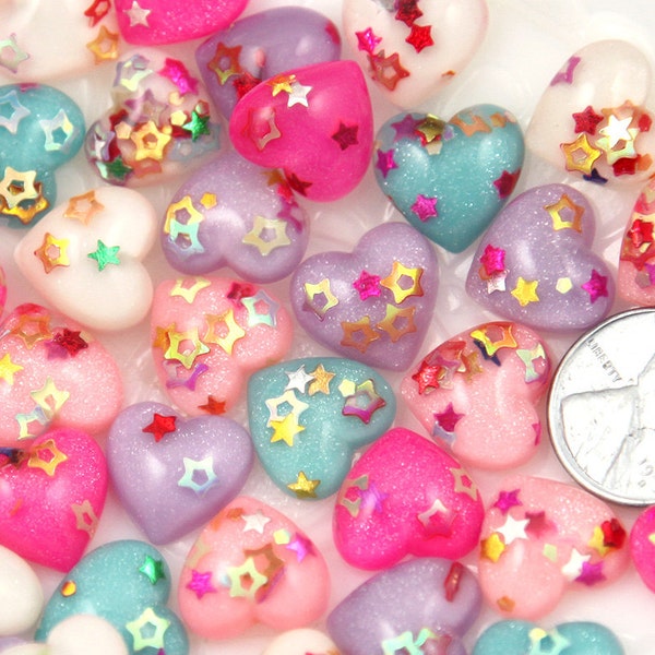 Pastel Resin Cabochons - 14mm Little Sparkle Party Confetti Pastel Heart Acrylic or Resin Flatback Cabochons - 20 pc set