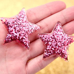 Resin Star Charms - 40mm Pink Glitter Stars Resin Charms - 4 pc set
