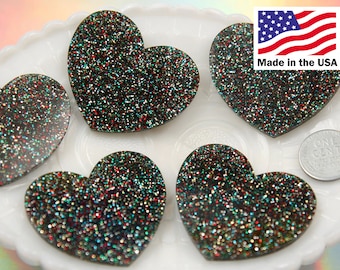 Heart Cabochons - 45mm Rainbow Multi Glitter Heart Acrylic or Resin Cabochons - 4 pc set