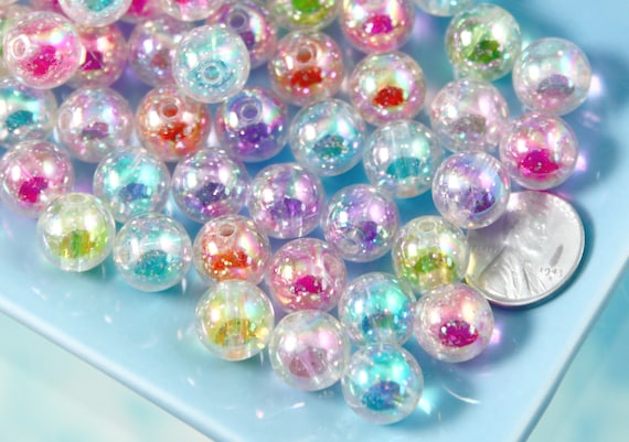 Cute Beads 12mm Glitter Transparent AB Double Inner Acrylic or Plastic  Beads 35 Pc Set 