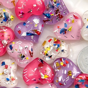 Glitter Resin Hearts - 18mm Party Fun Confetti Heart Resin Cabochons - 16 pc set