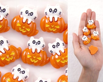 Cute Halloween Cabochon - Cat in Pumpkin Jack-o-lantern Acrylic or Resin Flat Back Cabochons - 6 pc set