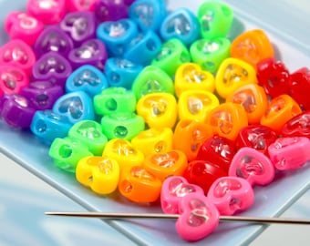 Super Bright Beads - 75 pieces - 14mm Heart Bead Two Tone Clear Center Acrylic Double Heart Beads