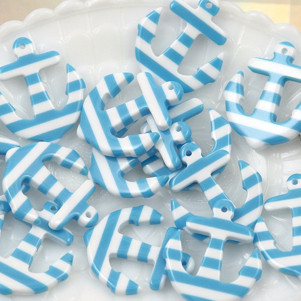 34mm Striped Anchors Resin Charms or Pendants - Blue - 6 pc set