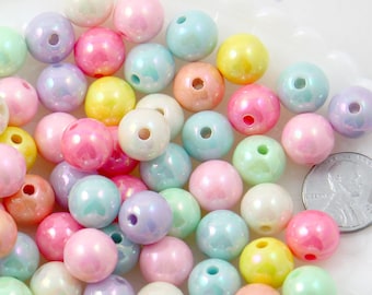 Pastel Beads - 12mm Ice Cream Pastel Colors Shiny AB Iridescent Small Round Shape Plastic or Acrylic Beads - 65 pcs set