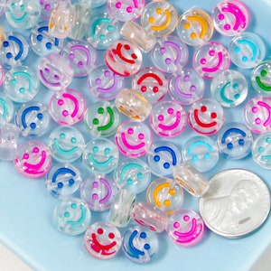 Happy Face Beads - 10mm Glitter Translucent Smile Shape Acrylic or Resin Beads - 100 pc set