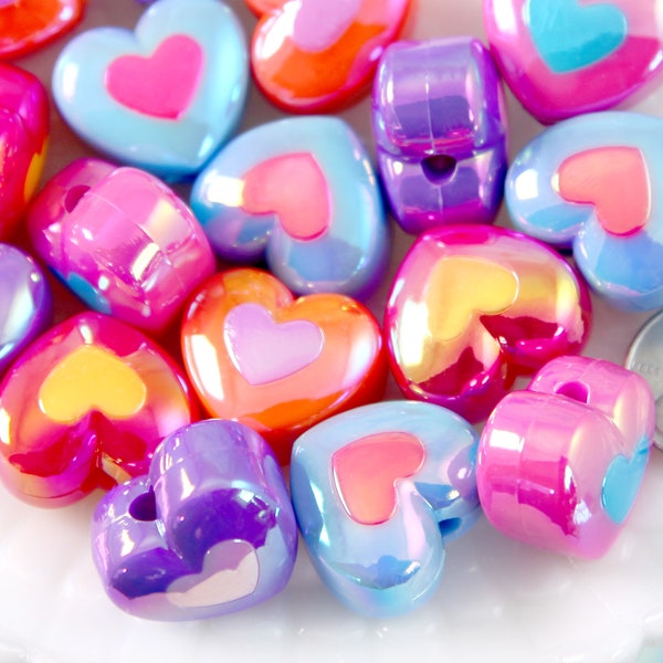 Heart Beads - 22mm Amazing AB Bright Color Opaque Double Heart Acrylic or Resin Beads - 10 pcs set