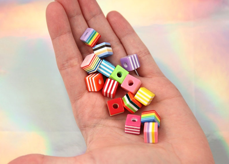 9mm Small Striped Cube Resin Beads, mixed color 80 pc set image 2