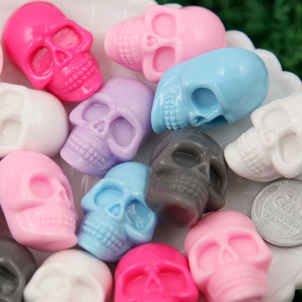 Skull Cabochons - 32mm Creepy Scary Skull Resin Flatback Cabochons - Chunky Size, Pastel Color - 6 pc set